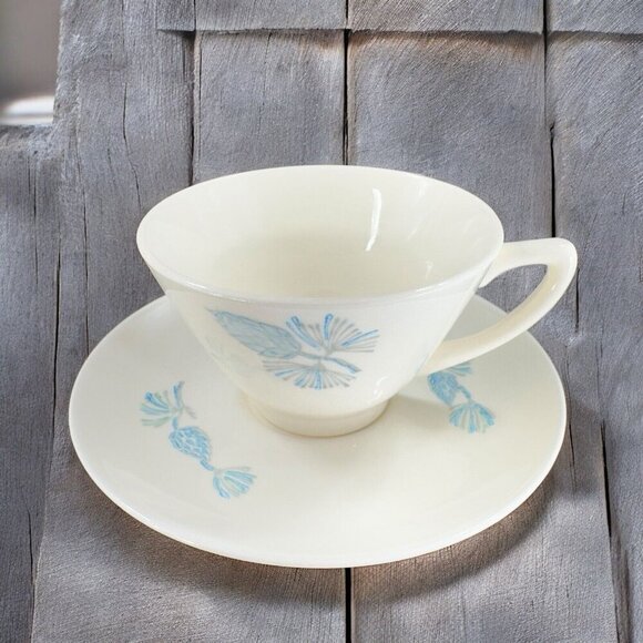 Mid Century Marcrest Blue Spruce Blue Pinecone Coffee Cup and Saucer Porcelain - Picture 1 of 16
